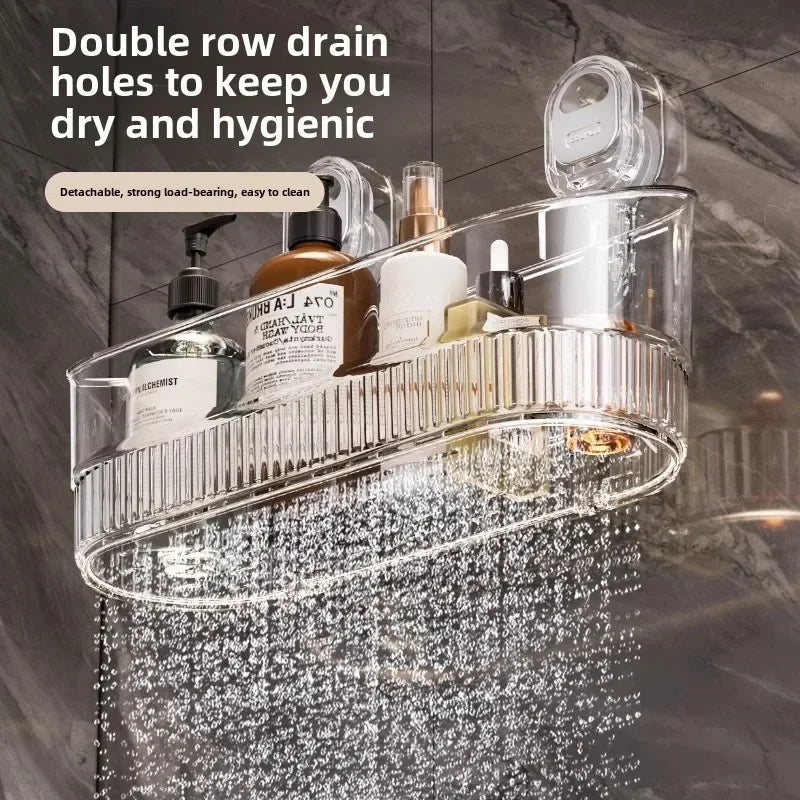 étagère salle bain transparente adhésive murale moderne rangement cosmétiques bouteilles savon textiles