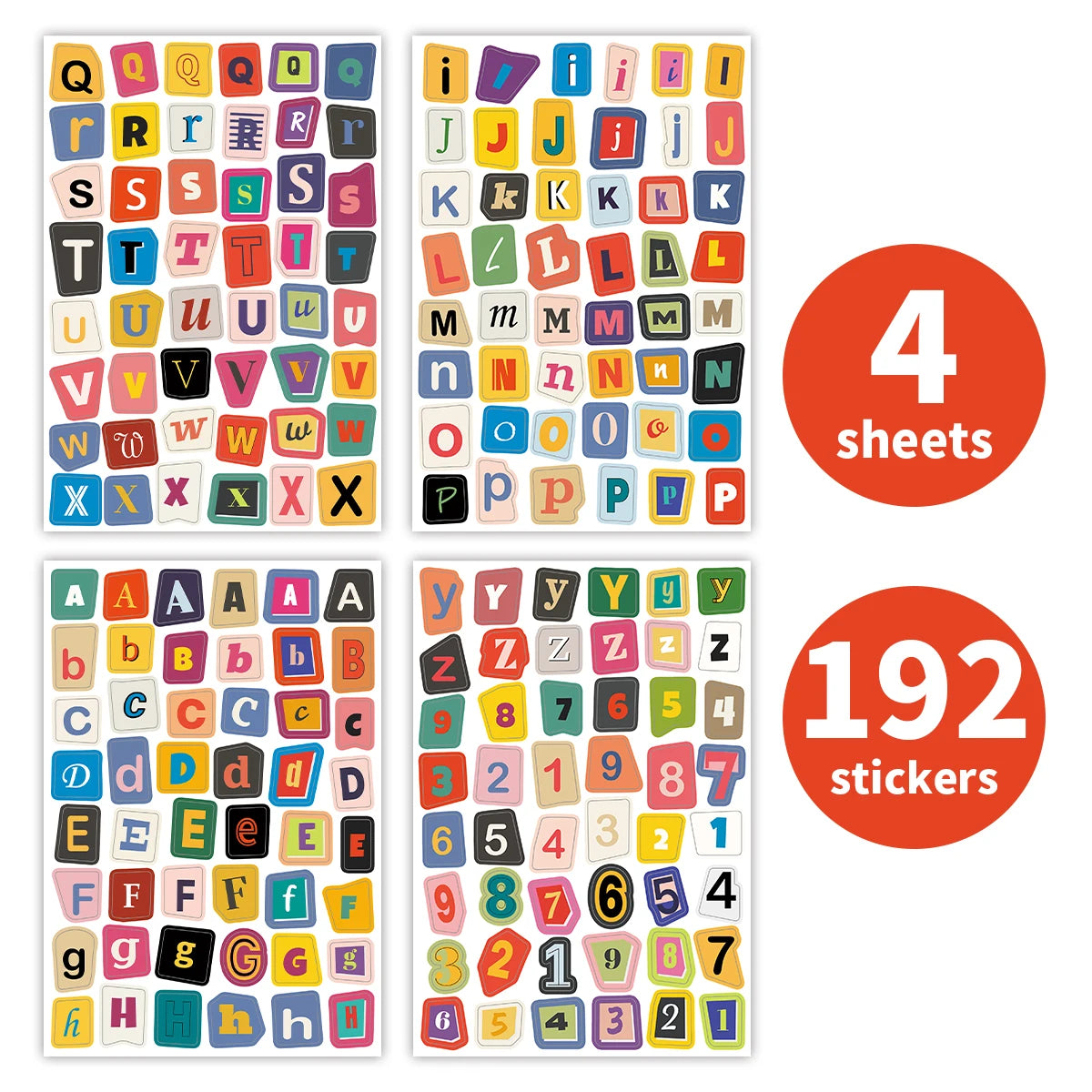 sticker autocollant multicolore lettre chiffre moderne enfantin 192 pièces opaques carreaux journalisation scrapbooking