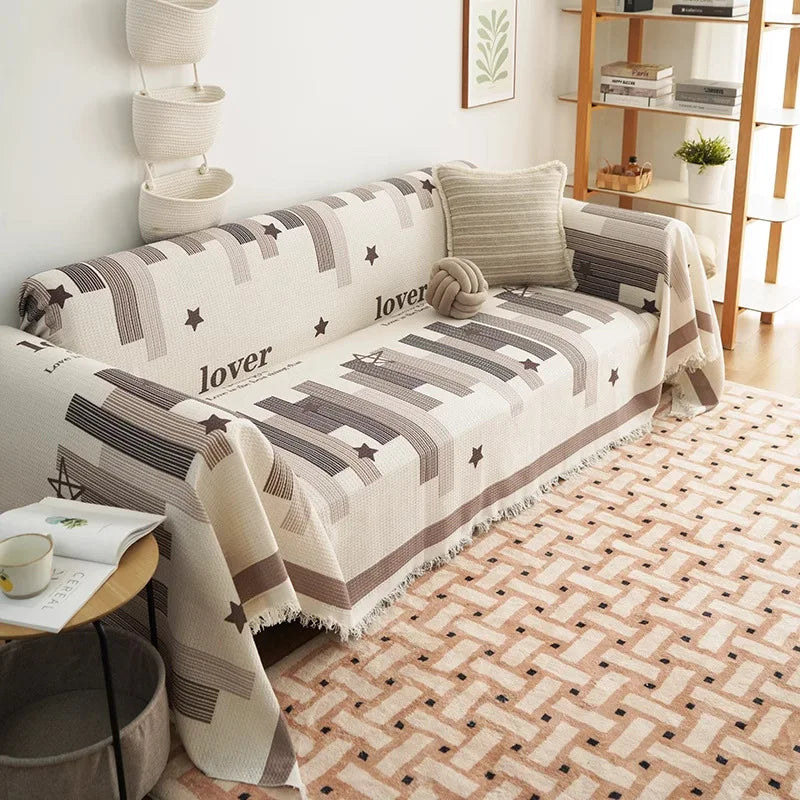 housse canapé grande taille rayures horizontales couverture salon moderne beige gris décorative
