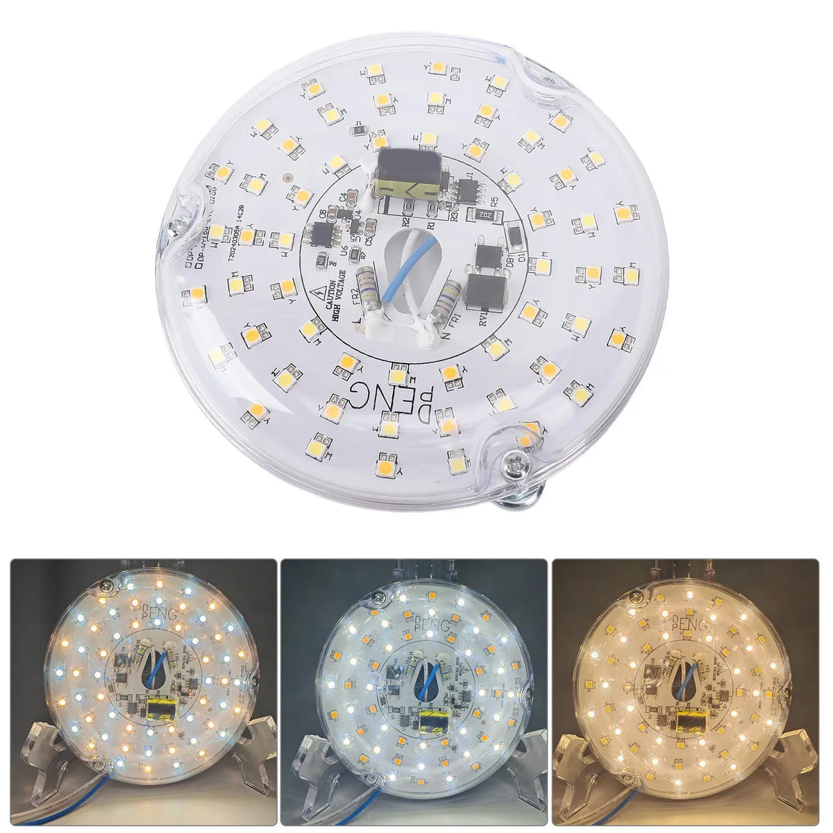 module led circulaire jaune support transparent industriel câbles bleus blancs trois points fixation métalliques