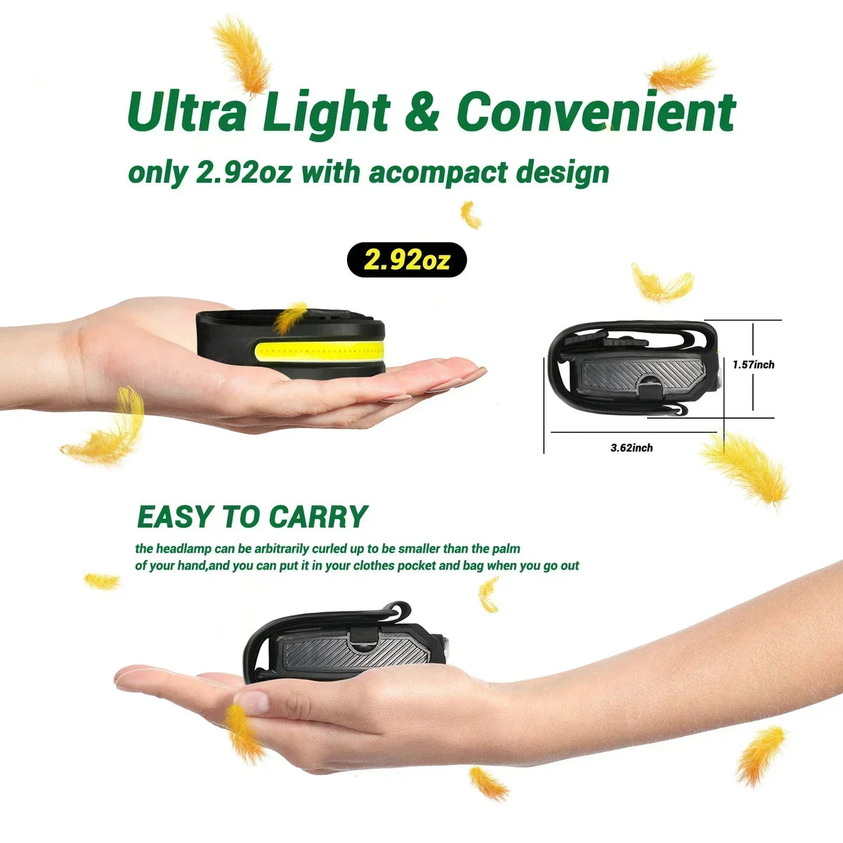 lampe frontale rechargeable led noir jaune blanc rayures moderne compact ceinture camping