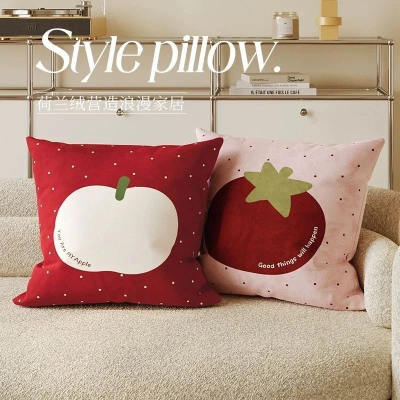 taies d'oreiller fruits animés polyester velours rose rouge vert moderne chambre décoration fixations oreillettes