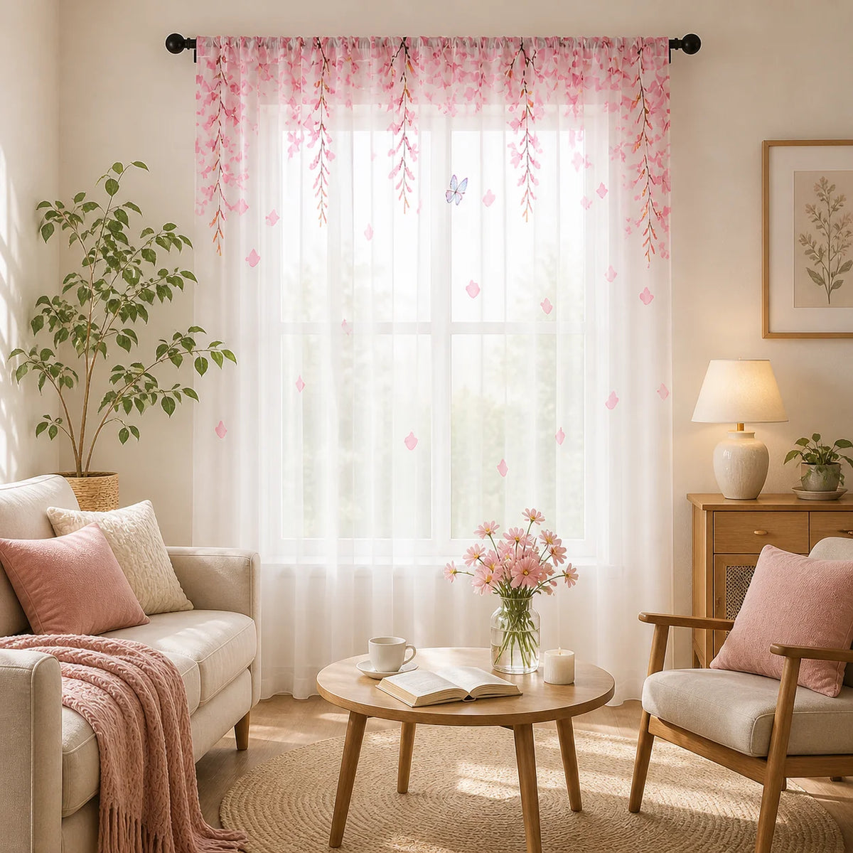 rideau floral transparent rose semi opaque japonais intérieur romantique chambre salonDecorationInteriorRomantiqueJaponaisChambreSalon