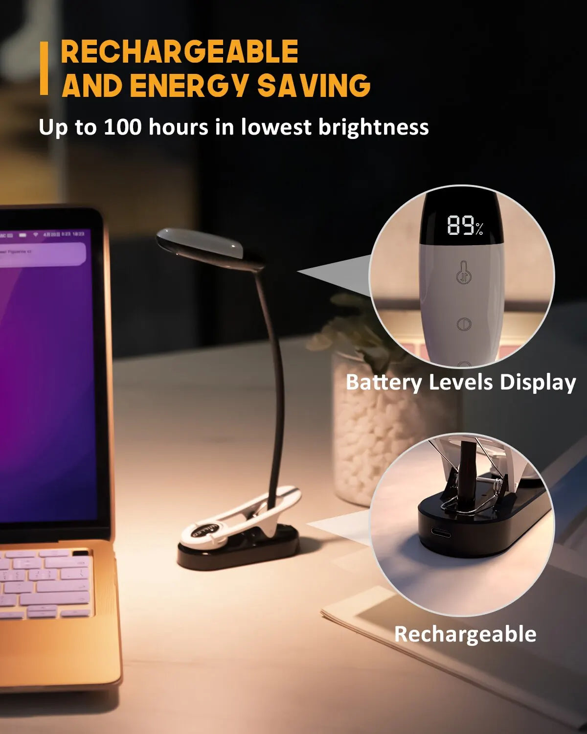 lampe lecture pinces rechargeable led blanc noir écran charge moderne minimaliste