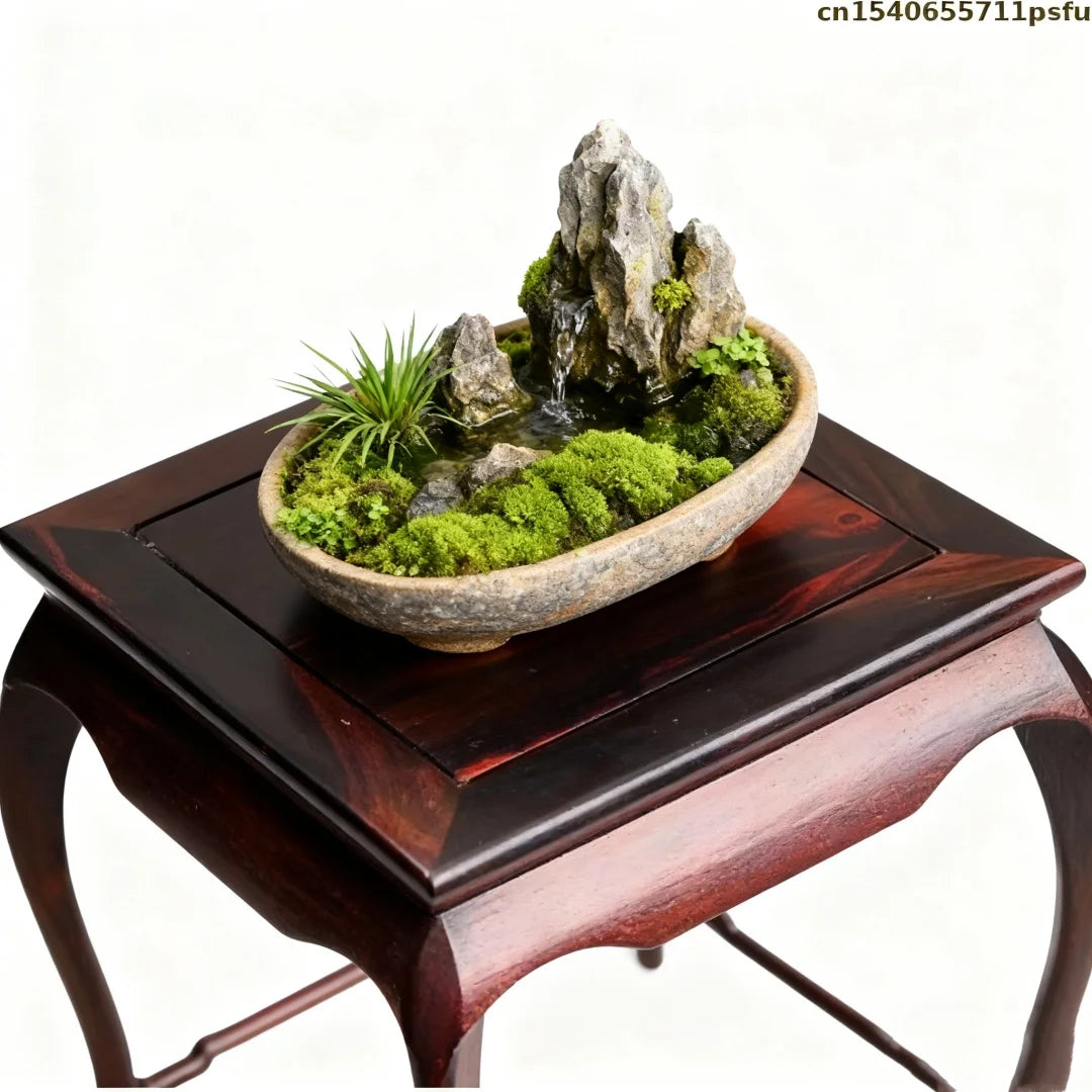 table basse bois miniature asiatique décoration maison théière tasse bouddha paysage miniature rochers mousse