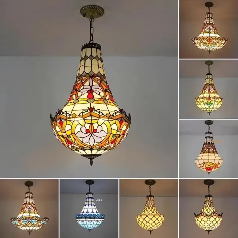 lampe suspendue tiffany multicolore stained glass floral salon chambre vintage