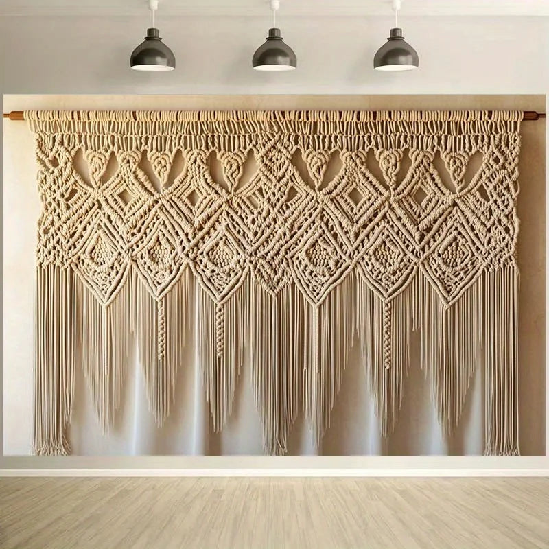 rideau macramé boho chic motifs géométriques franges beige clair occasion fête anniversaire mariage