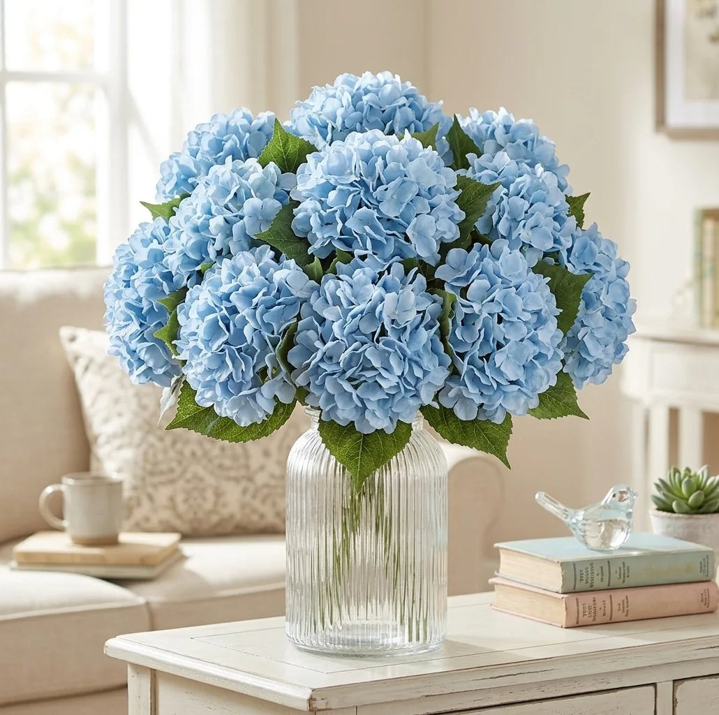 décoration intérieure bouquet artificiel hortensia classique bleu blanc rose vert élégant transparent