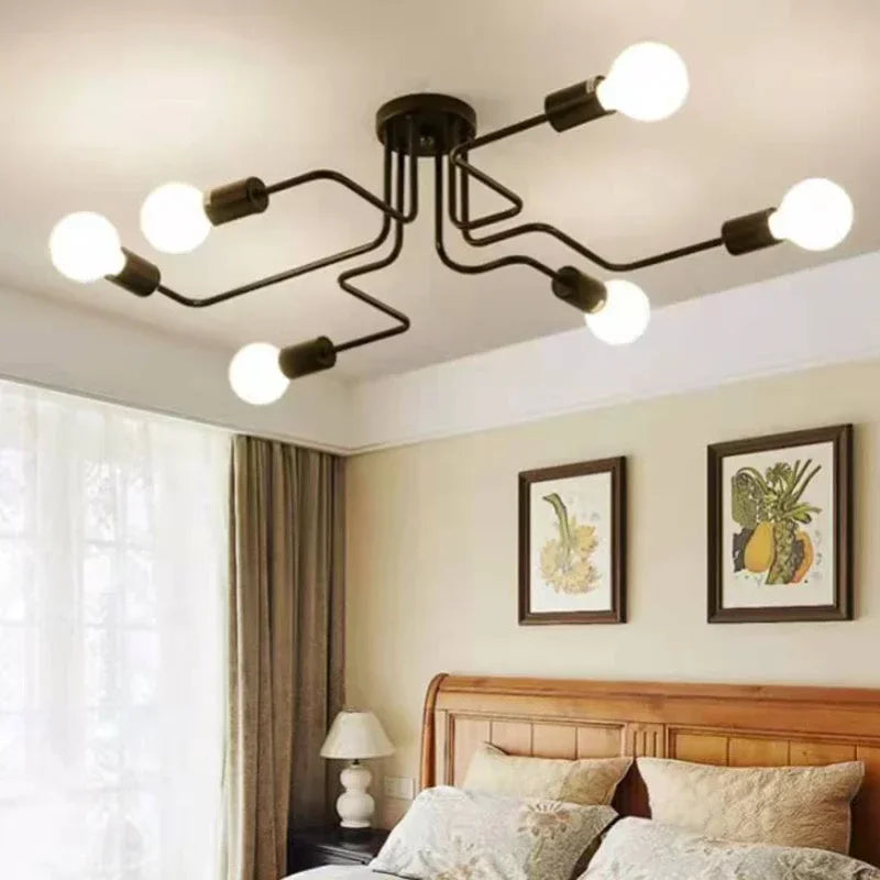 lampe suspension noir blanc moderne scandinave ampoules structure métallique fixations câbles noirs