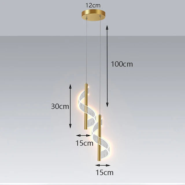 suspension lumineuse moderne or blanc spirale transparent chambre salon