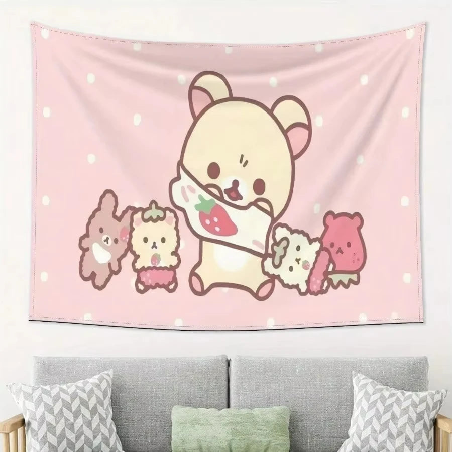 tapisserie murale kawaii ours dessins animés mignons pois roses chambre enfant decoration tissu polyestère