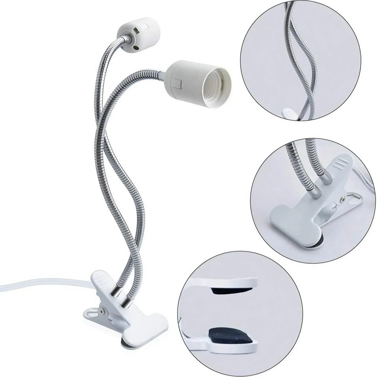 lampe pince flexible blanc moderne base e27 tige métallique réglable interrupteur prise us