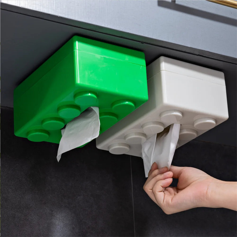 boîte mouchoirs moderne blocs construction lego blanc jaune vert bleu rouge noir fixée mur