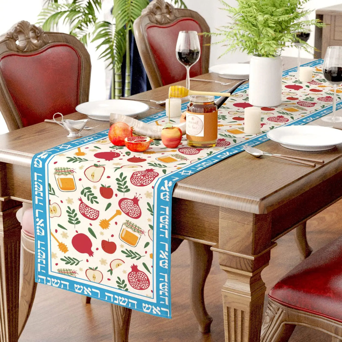 tableau lin imprimé fruits pommes jarres miel lettrage hébreu beige bleu rouge vert jaune