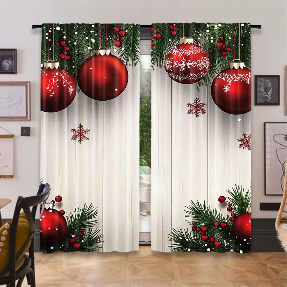 rideau noël rouge blanc vert boules sapin flocons baies translucide deux pièces