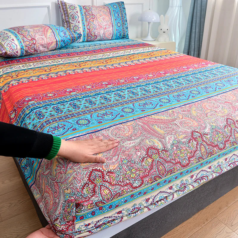 drap lit boho chic imprimé paisley motifs floraux rouge bleu orange jaune blanc double