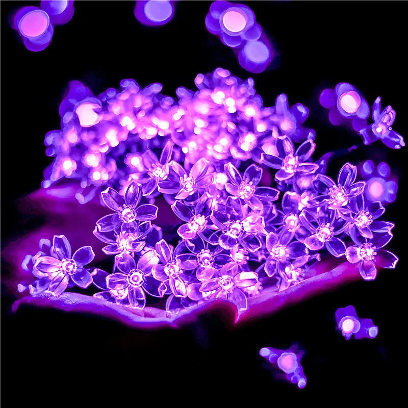 guirlande lumineuse solaire fleurs violet bleu moderne décoration extérieure imperméable piquet 100leds 200leds 22mètres