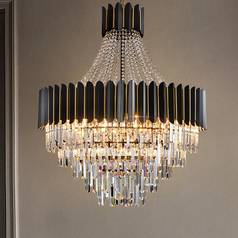 lustre led moderne élégant cristal noir doré transparent salon restaurant