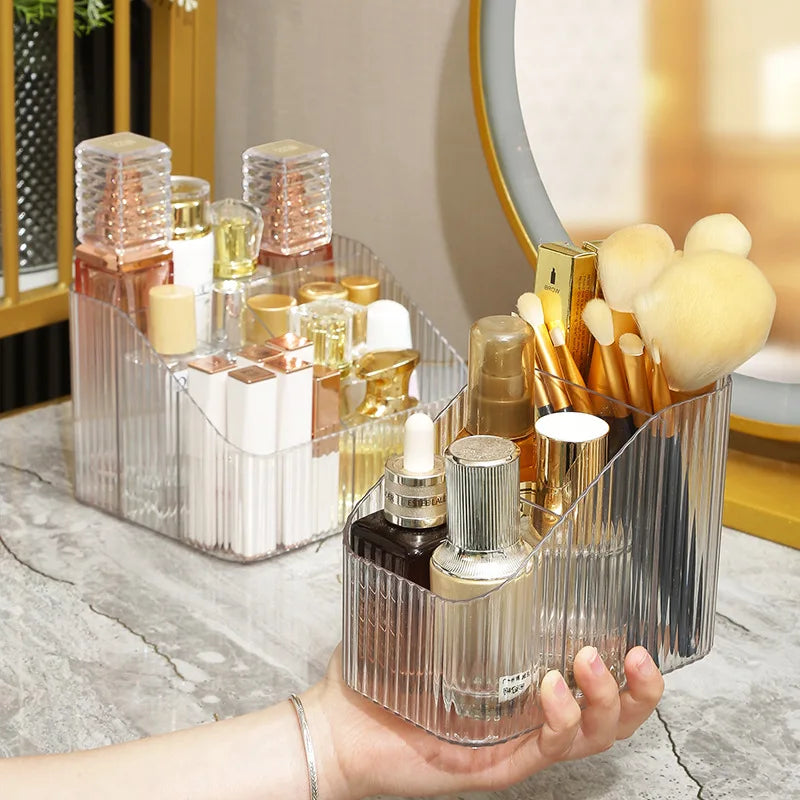 organisateur maquillage transparent moderne élégant brosse maquillage produits cosmétiques rayures verticales vert foncé doré