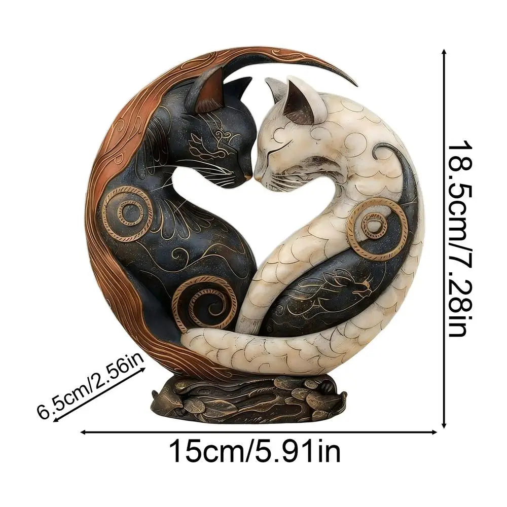 statue chats enlacés résine noire blanche motifs floraux décorative yin yang maison adulte