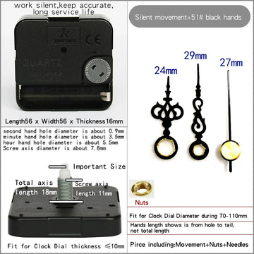 mouvement horloge quartz silencieux aiguilles noires écrou doré horloge murale