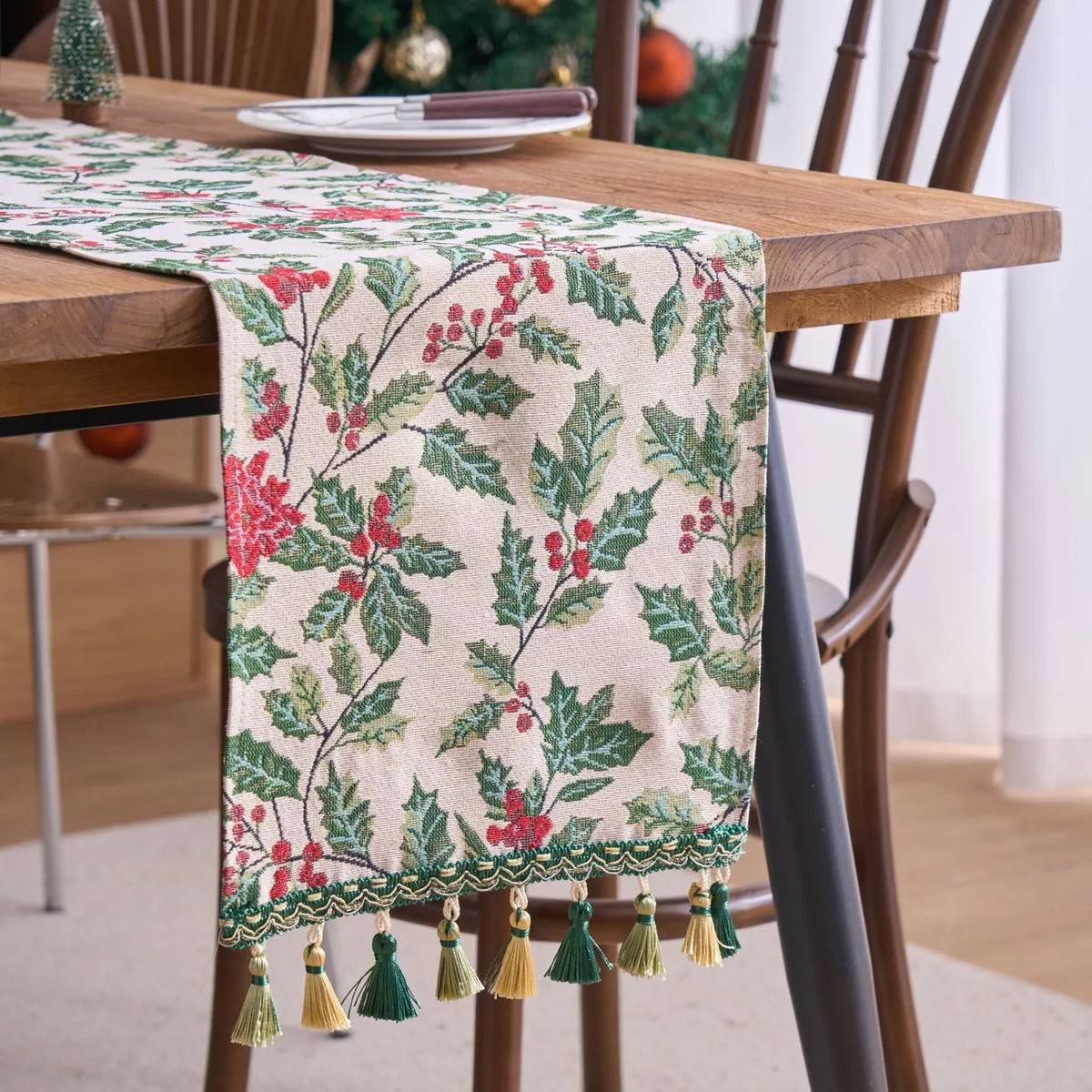 chinois table vintage feuilles houx baies rouges tasseaux classique festif polyester coton