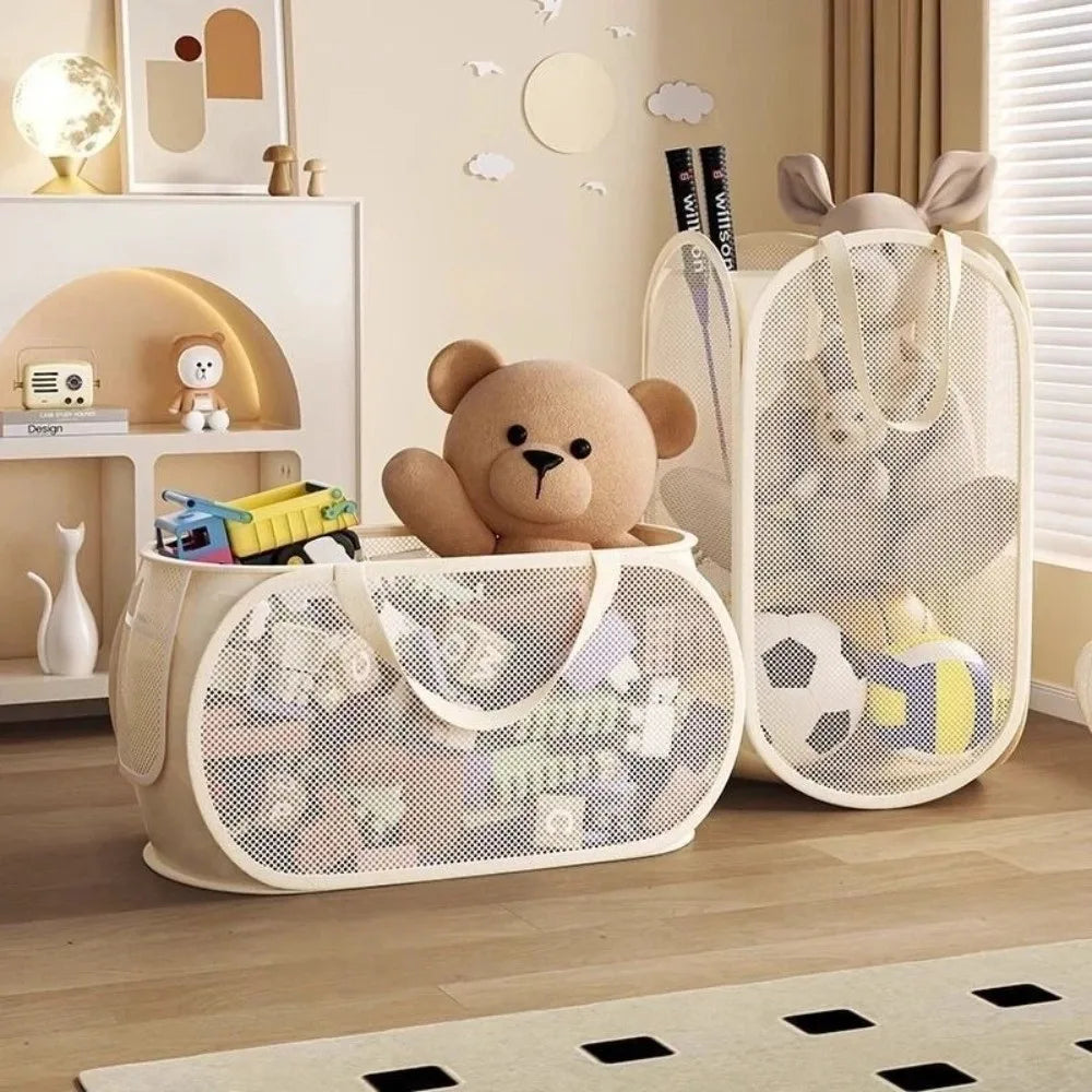 panier jouets moderne réutilisable maille beige clair grande capacité organisation maison