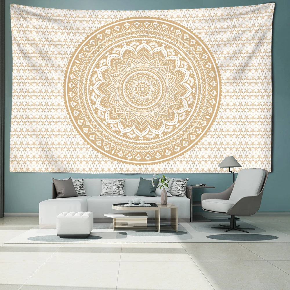tapisserie murale mandala rayée boho ethnique beige blanc bleu clair vert clair