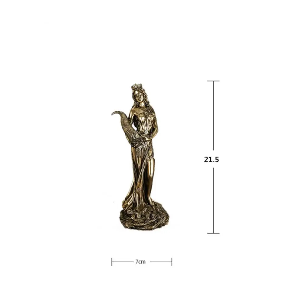 statue déesse antique dorée reliefs détaillés corne abondance couronne voile base pièces chance fortune