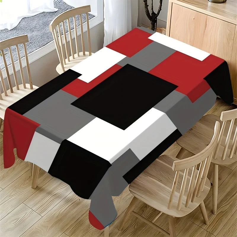 nappe table rouge gris moderne géométrique carrés rectangles réutilisable polyester fête salle manger