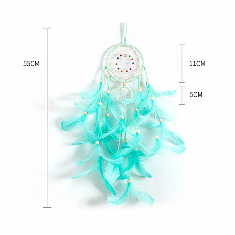 dreamcatcher bohème led plumes semi transparentes toile tissée colorées suspension