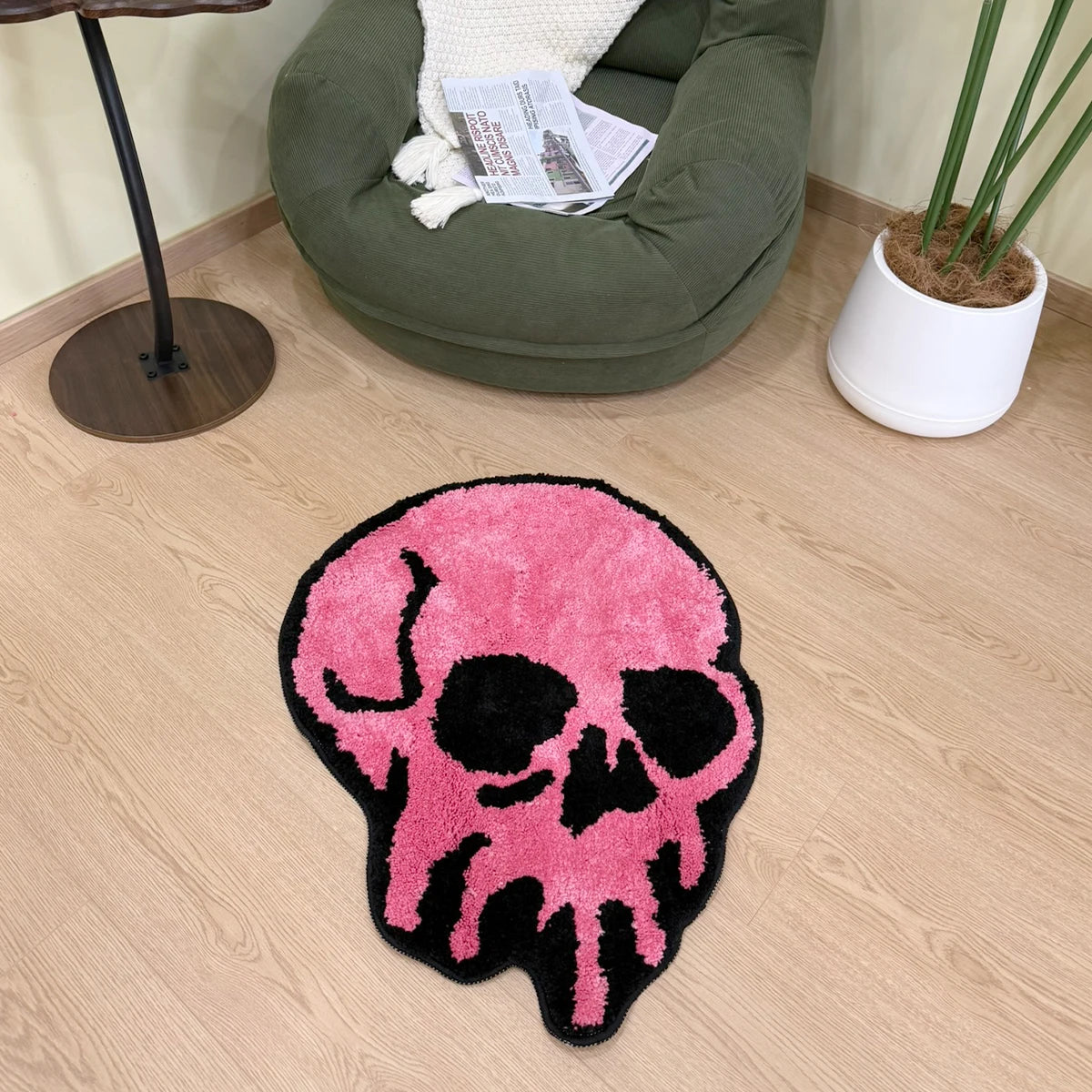 tapis rose crâne noir flocage antidérapant polyester moderne graphique chambre salon