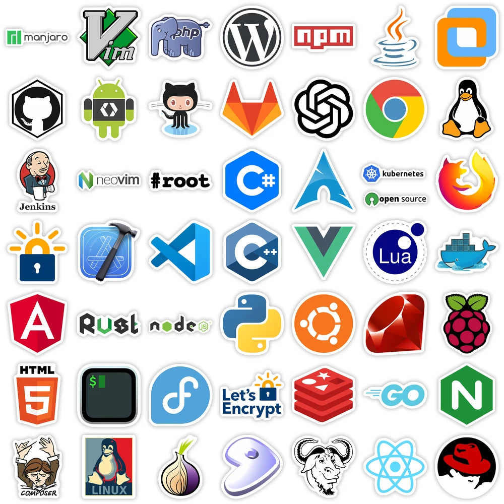 stickers technologie logos python docker linux node js cartoonesques adhésifs adultes adolescents