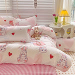 ensemble literie enfantin lapins coeurs rose blanc adorable housse couette taies oreillers drap carreaux