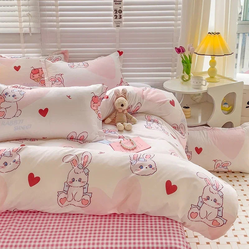 ensemble literie enfantin lapins coeurs rose blanc adorable housse couette taies oreillers drap carreaux