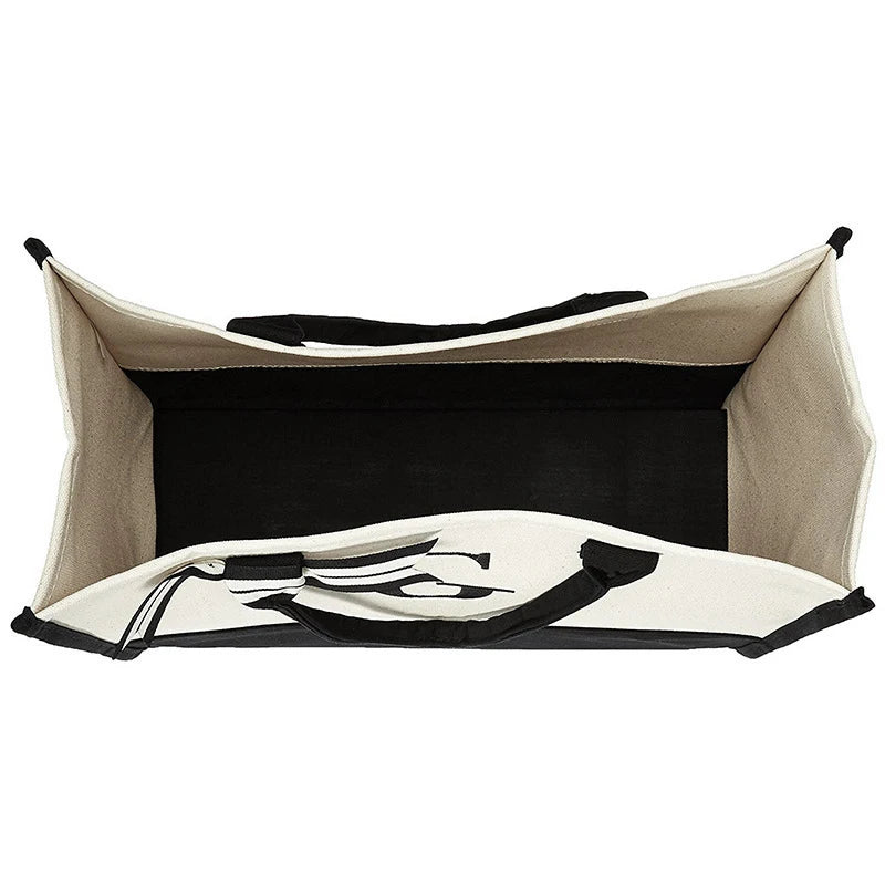sac main toile lettre imprimée blanc noir rubans classique poignées intérieur noir zippé capacitaire
