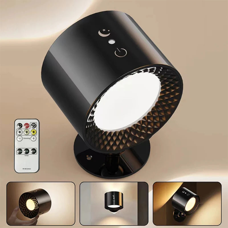 lampe table led moderne noir texture géométrique rotation 360 bouton tactile sans fil recharge