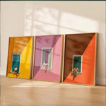 tableaux abstraits contemporains décoration murale chambre salon pièces géométriques colorées jaune rose orange bleu