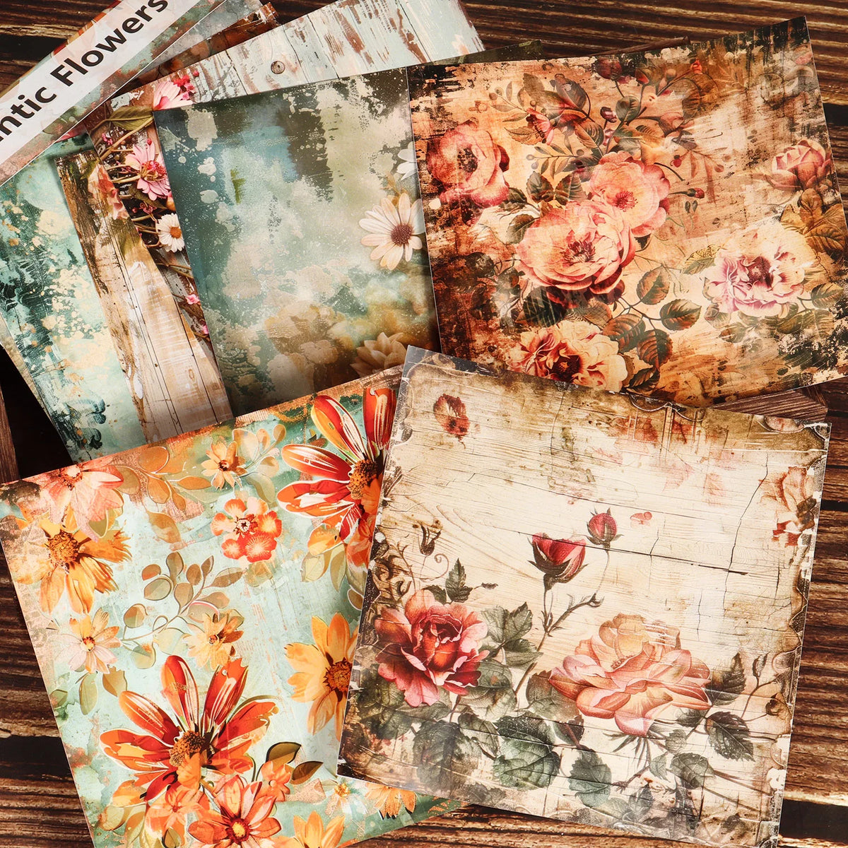 serviettes imprimées multicolores fleurs vintage roses pivoines marguerites bois patiné set table