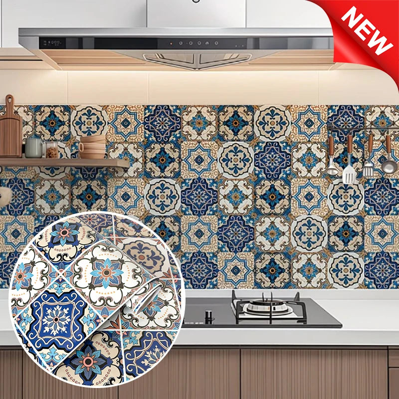 autocollants decoratifs floral geometrique resistant eau facile nettoyage mur cuisine bleu beige rouge ethnique