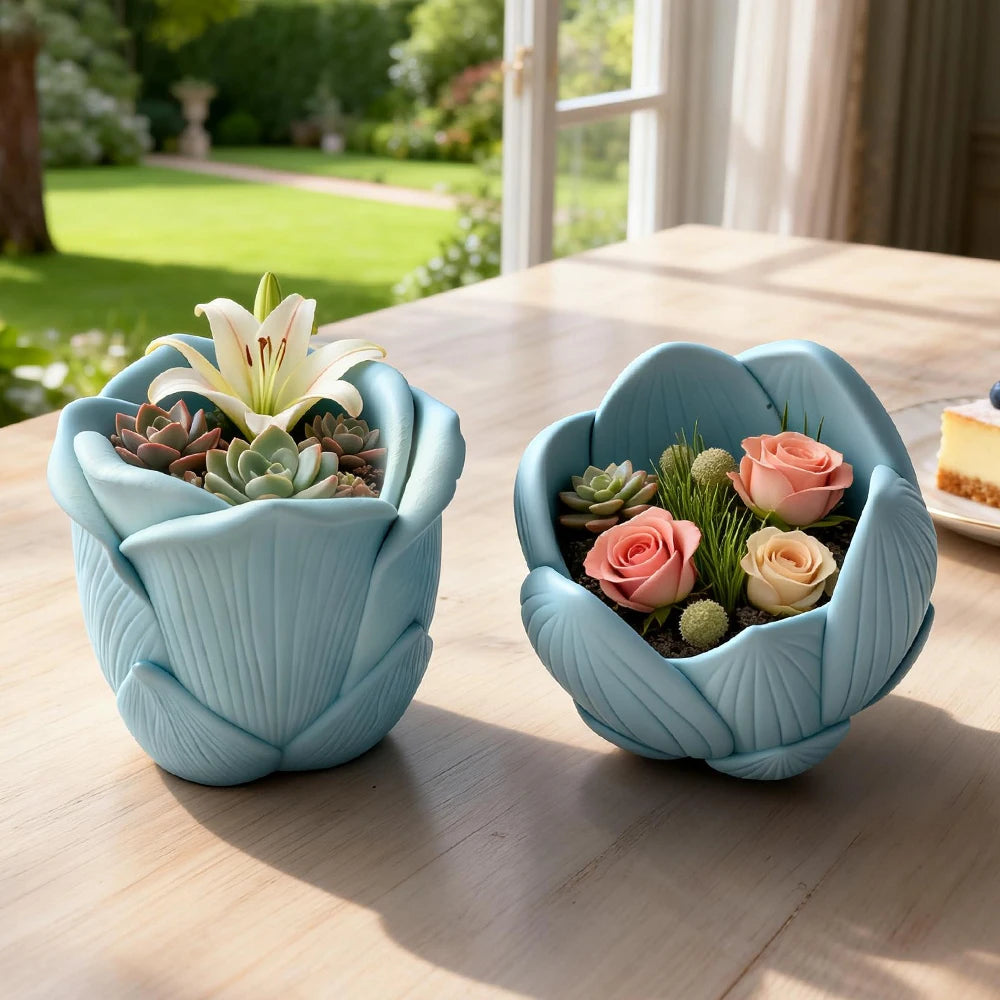 cache pot silicone bleu clair moderne feuilles stylisées succulentes fleurs artificiellesintérieur décoration plâtre