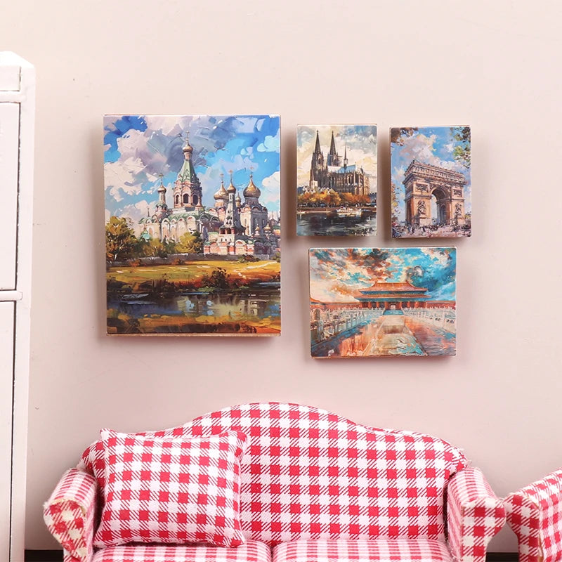 tableaux impressionnistes miniature peinture bleu blanc rouge paysages urbains cadres accessoires maison poupée