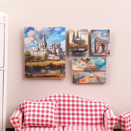 tableaux impressionnistes miniature peinture bleu blanc rouge paysages urbains cadres accessoires maison poupée