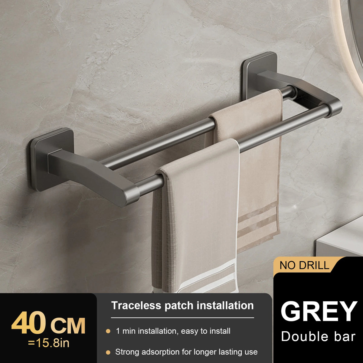 porte serviettes mural gris lisse double barre 30 40 50cm moderne minimaliste fixations murales