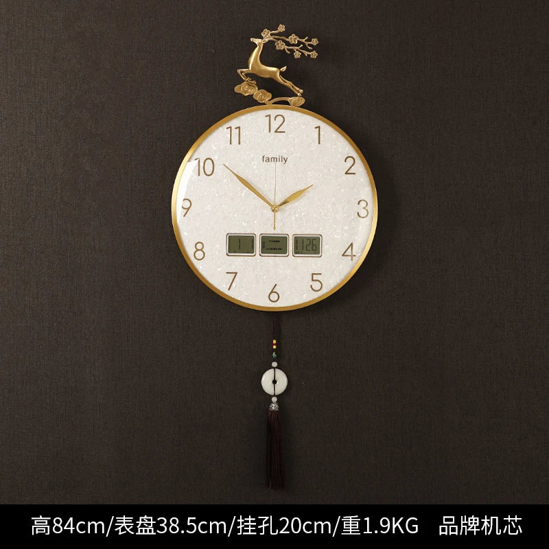 horloge murale moderne ornement cerf cadre doré aiguilles tissu noir pompon nouveau chinois