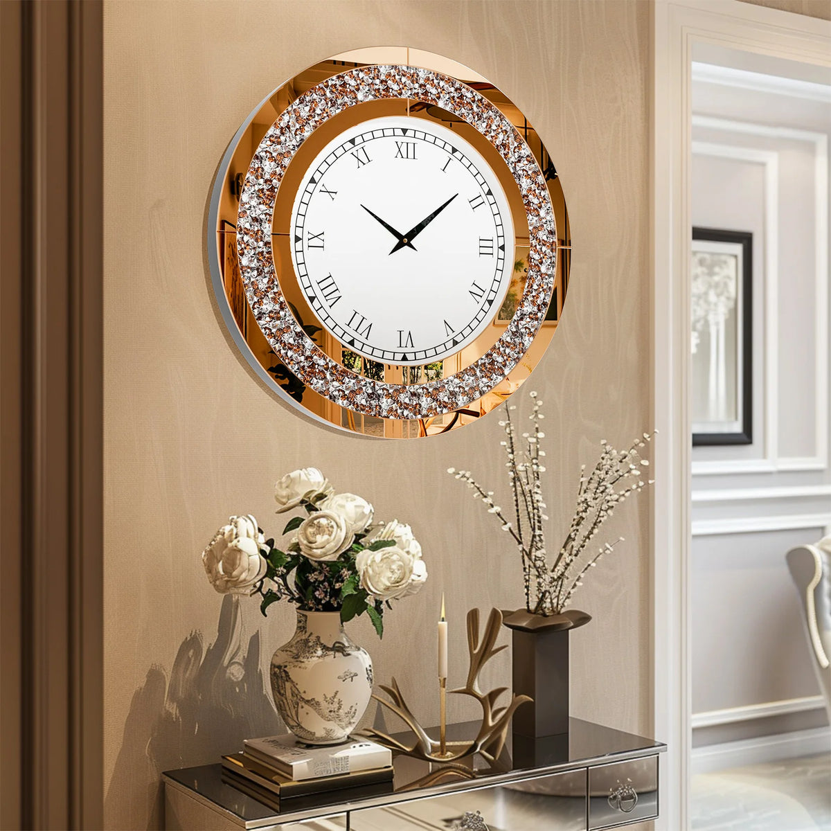 horloge murale strass dorés or blanc classique salon quartz aiguille 60cm 60cm fixations