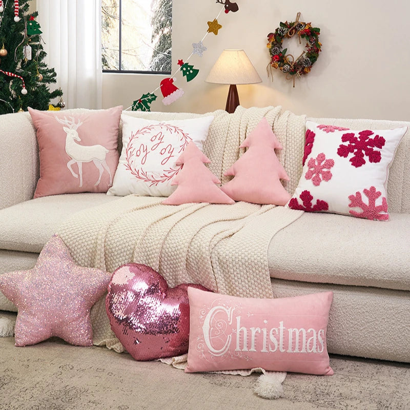 coussins nordiques brodés cerfs flocons joy noël opaques festifs diamètre 45cm decoration festive chambre