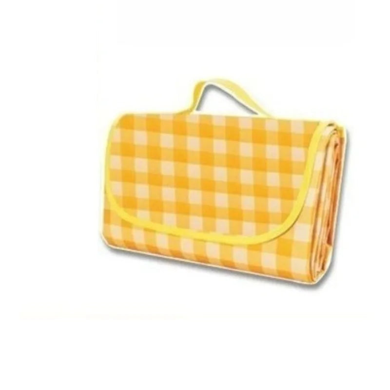 tapis pique nique carreaux vert blanc jaune moderne imperméable anti humidité poignée rangement camping