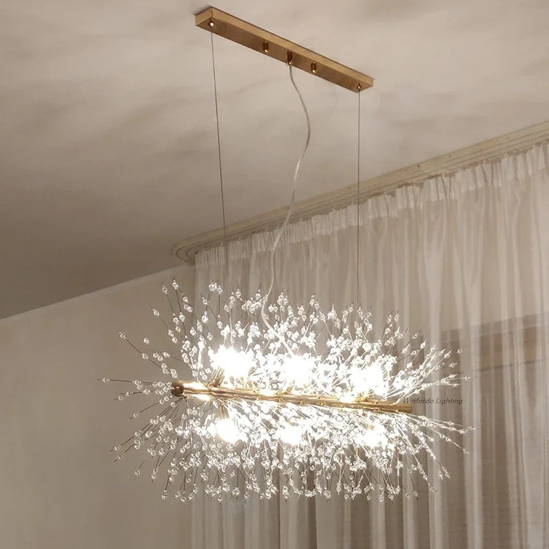 suspension lumineuse moderne cristal doré branches feu d'artifice led transparente élégante semi encastrée