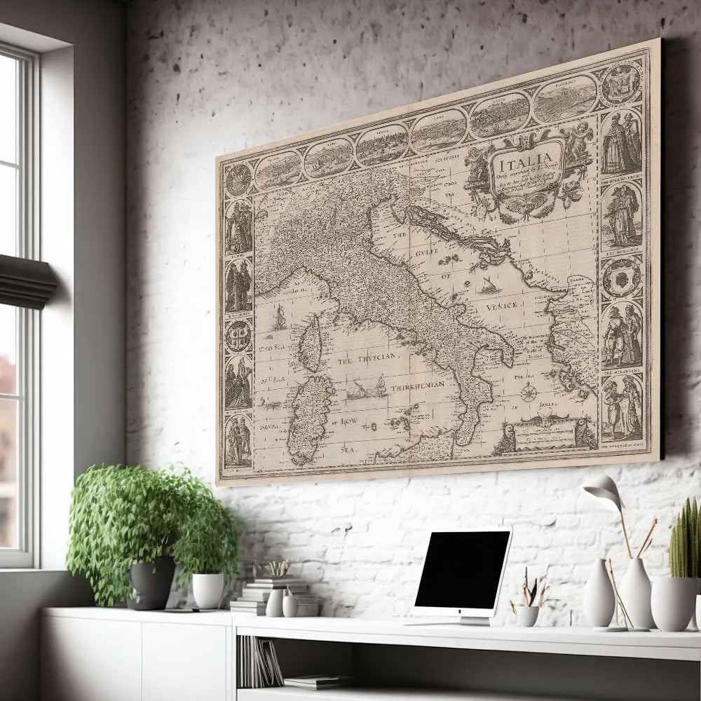 carte murale italie vintage toile gravée cadre bois salon chambre decoration paysage classique impermeable